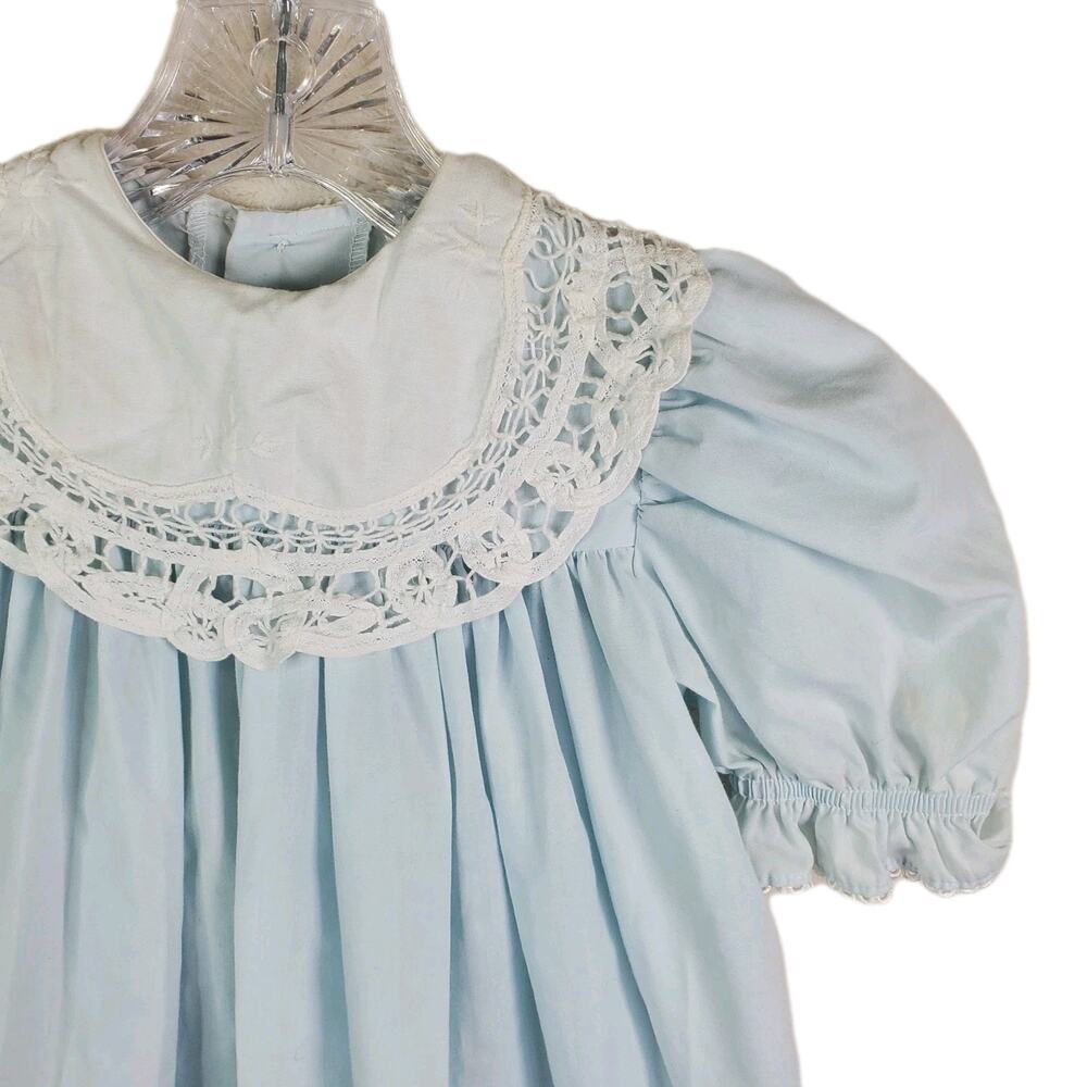 Peaches N Cream Vtg Blue Girls Dress White Collar Eyelet Trim Sz 4T Bib Cottage - Picture 3 of 11